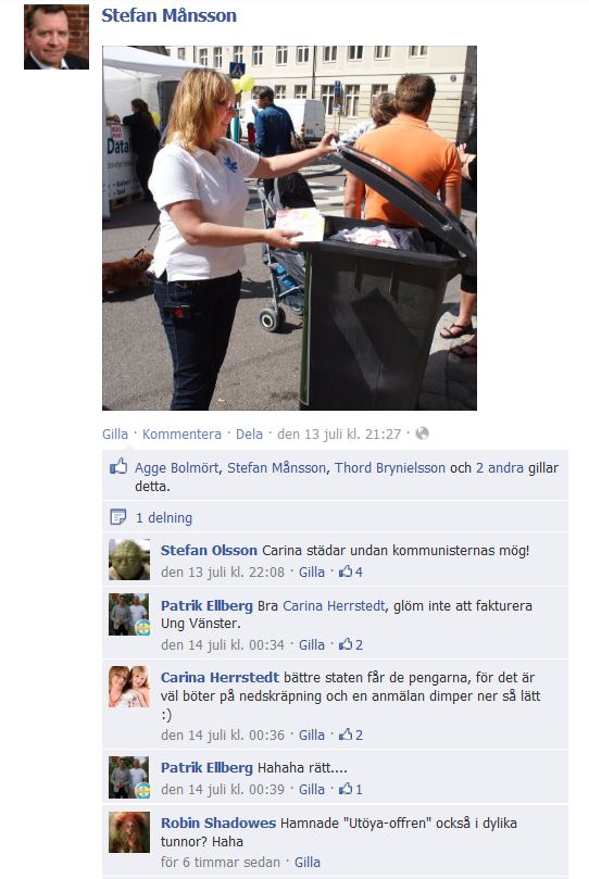 Sverigedemokrater från Landskrona i jämför Breiviks offer med ”sopor” och ”skendöda”